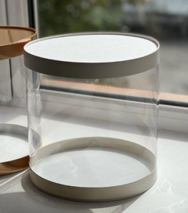 Коробка для торта прозрачная ТУБУС диам.240мм выс.240мм (белая, золото) НОВЫЙ ДИЗАЙН (2)